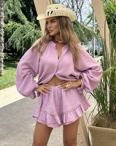 Rochii Casual | Boho Chic - Camasa si Fusta tip pantalon din muselina de bumbac 100% Lila