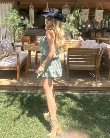 Rochie cu umar gol tip pantalon din muselina de bumbac 100% Green [2]