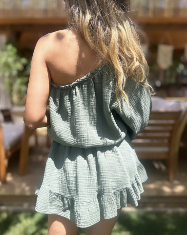 Rochie cu umar gol tip pantalon din muselina de bumbac 100% Green [1]