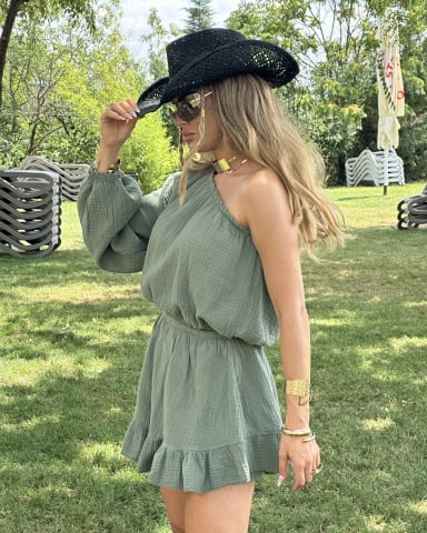 Rochii Casual | Boho Chic - Rochie cu umar gol tip pantalon din muselina de bumbac 100% Green