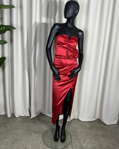 Rochie Midi fara bretele trandafir cu pene - Rosu [1]