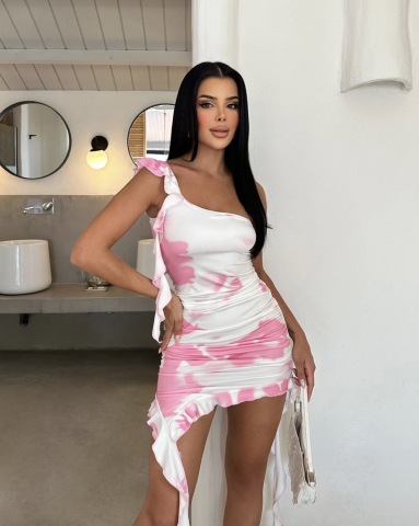 Rochie mini cu un  umar si volane - roz [2]