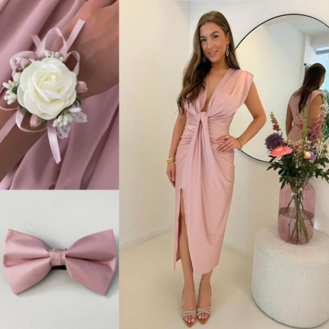 Pachete Rochii Lungi - SET Rochie Satinata elastica cu Bratara si Papion Roz Pudrat