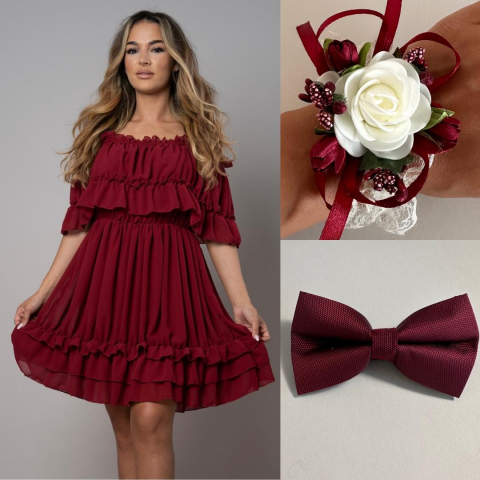 Pachete Rochii Scurte - Rochie Voal Bordo cu Papion si Bratara - Marime Universala