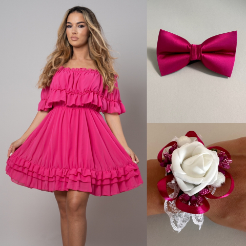 Pachete Rochii Scurte - Rochie Voal Fuxia cu Papion si Bratara - Marime Universala