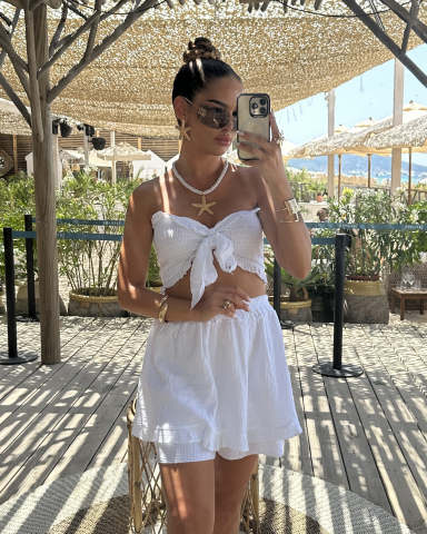 Rochii Casual | Boho Chic - Set Bustiera si Fusta tip pantalon din muselina de bumbac 100% Alb