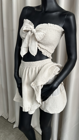 Set Bustiera si Fusta tip pantalon din muselina de bumbac 100% Crem [2]