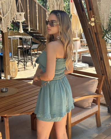 Set Bustiera si Fusta tip pantalon din muselina de bumbac 100% Turquoise [2]