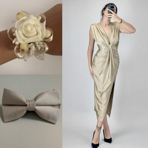 Pachete Rochii Lungi - SET Rochie Satinata elastica cu Bratara si Papion Crem