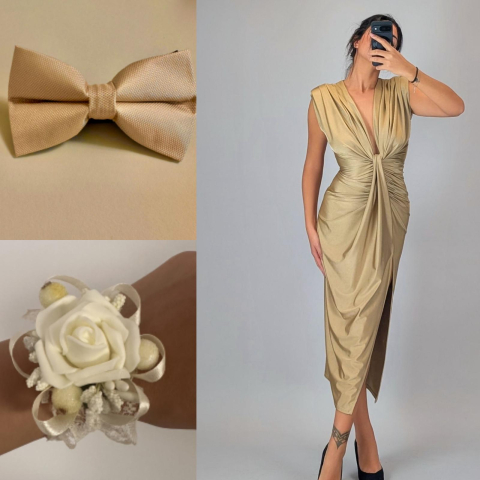 Pachete Rochii Lungi - SET Rochie Satinata elastica cu Bratara si Papion Auriu