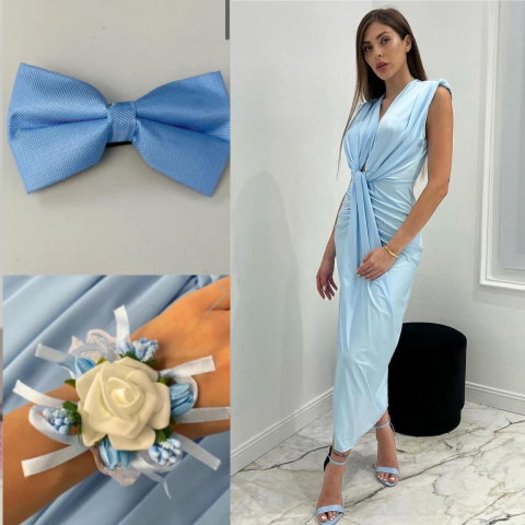 Pachete Rochii Lungi - SET Rochie Satinata elastica cu Bratara si Papion Bleu