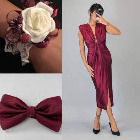 Pachete Rochii Lungi - SET Rochie Satinata elastica cu Bratara si Papion Bordo