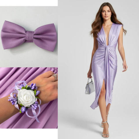 Pachete Rochii Lungi - SET Rochie Satinata elastica cu Bratara si Papion Lila