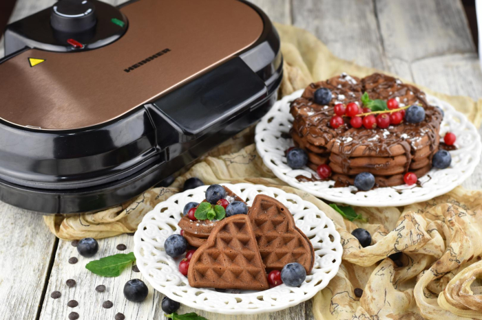 Aparat de facut gofre Heinner Copper Crown HWF-1000CR, 1000W, buton reglare temperatura, placi cu invelis antiaderent, plite gofre: 13.97 cm, Negru/aramiu [9]