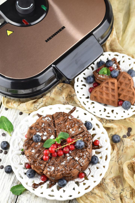 Aparat de facut gofre Heinner Copper Crown HWF-1000CR, 1000W, buton reglare temperatura, placi cu invelis antiaderent, plite gofre: 13.97 cm, Negru/aramiu [5]