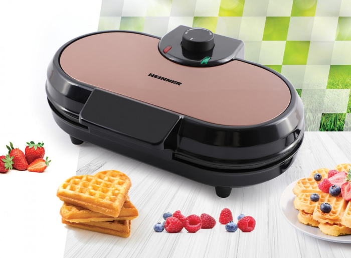 Aparat de facut gofre Heinner Copper Crown HWF-1000CR, 1000W, buton reglare temperatura, placi cu invelis antiaderent, plite gofre: 13.97 cm, Negru/aramiu [3]