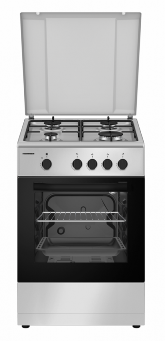 Aragaz Heinner HFSC-SME50SL, 50X50 cm, pe gaz, 4 arzatoare, suport email, capac metalic, dispozitiv de siguranta plita si cuptor, usa cuptor cu geam dublu, duze GPL incluse, tava si gratar cromat, cul [1]