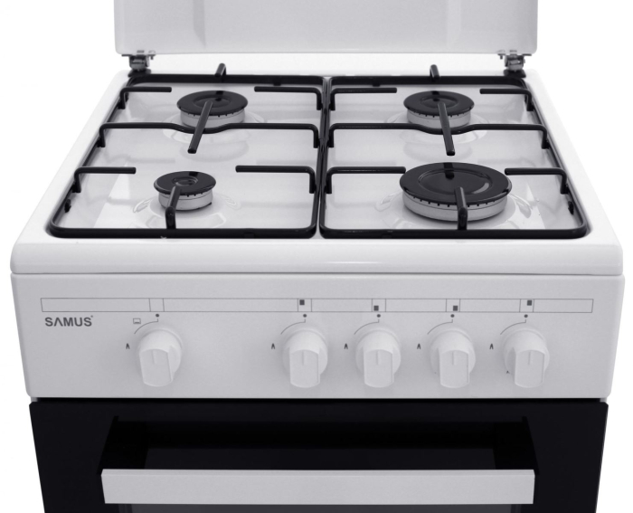 Aragaz Samus SM 450 ABS,4 arzatoare,Cuptor pe gaz,capacitate cuptor 49 l,Siguranta plita + cuptor,50 cm x 50 cm,Alb [2]