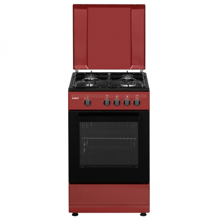Aragaz Samus SM566APGS Burgundy/Black,4 arzatoare pe gaz,Cuptor gaz,capacitate cuptor 49 l,Capac de metal,suprafata din sticla securizata,50 cm x 55 cm,Burgundy/Black [1]