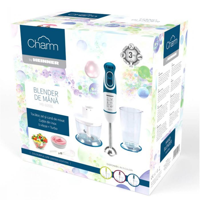 Blender Heinner Charm HB-600BL, 600W, vertical, de mana,5 viteze, functie Turbo, tel, tocator, Alb/Albastru [2]