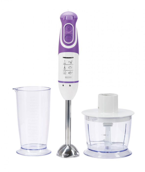 Blender Heinner Charm HB-600UV, 600W,vertical,de mana , 5 viteze, functie Turbo, tel, tocator, Alb/Mov [1]