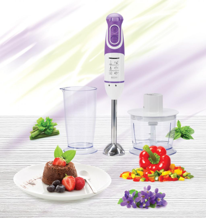 Blender Heinner Charm HB-600UV, 600W,vertical,de mana , 5 viteze, functie Turbo, tel, tocator, Alb/Mov [4]