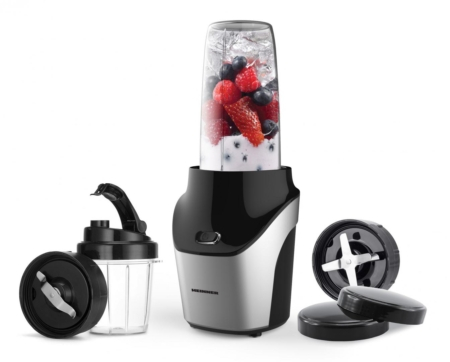 Blender sport Heinner Vitamiser 1000 HSB-T1000SS, 1000W, recipiente Tritan fara BPA 1/0.45L, rasnita inclusa, buton ON/OFF, 18000RPM, lame din inox, 2 capace suplimentare, carcasa din inox, argintiu/n [3]