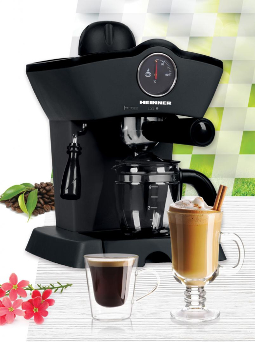 Espressor manual Heinner Retro Effect HEM-200BK, 800W, 3.5bar, capacitate rezervor 0.24L, termometru frontal apa, optiuni preparare: espresso si cappuccino, Negru [2]