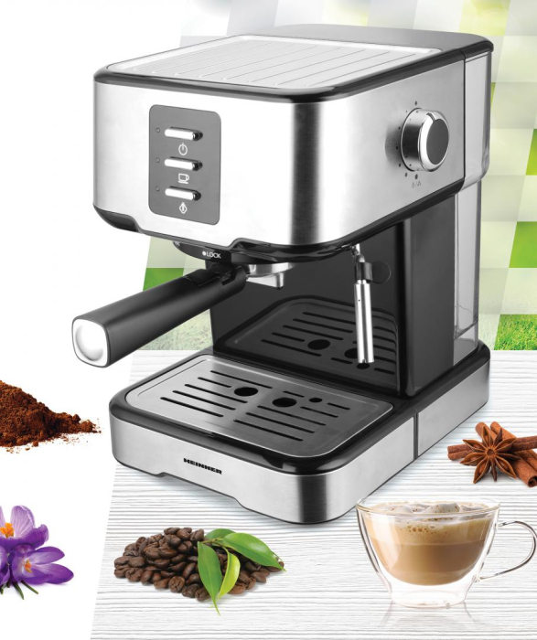 Espressor manual Heinner Brassile HEM-850IXBK, 850W, 15bar, rezervor detasabil 1.5L, filtru dublu din inox, Negru/Inox [2]