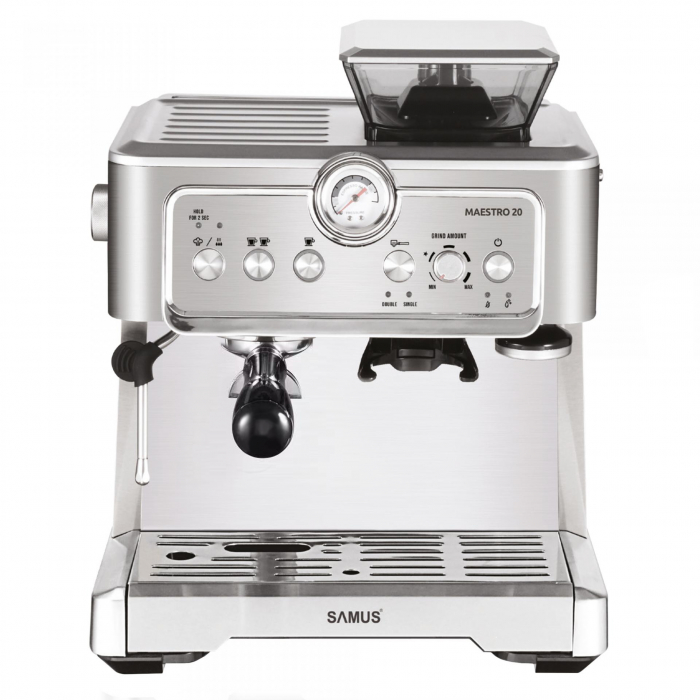 Espressor automat Samus MAESTRO 20, 1350 W, 20 Bari, Rezervor de apa detasabil 2.3 L, Capacitate rasnita 200 g, Optiune 1 sau 2 cesti de cafea, Diuza spumare lapte, Filtru dublu inoxidabil, Argintiu [1]