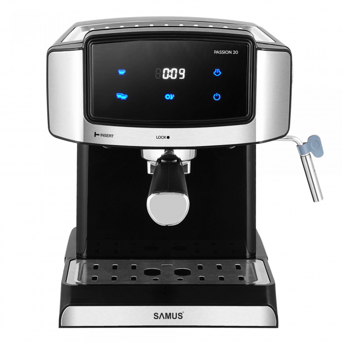 Espressor manual Samus PASSION 20,850 W,Presiune abur 20 bari,Rezervor apa 1.5 l,Dispozitiv spumare a laptelui,cafea macinata,Negru/Inox [1]