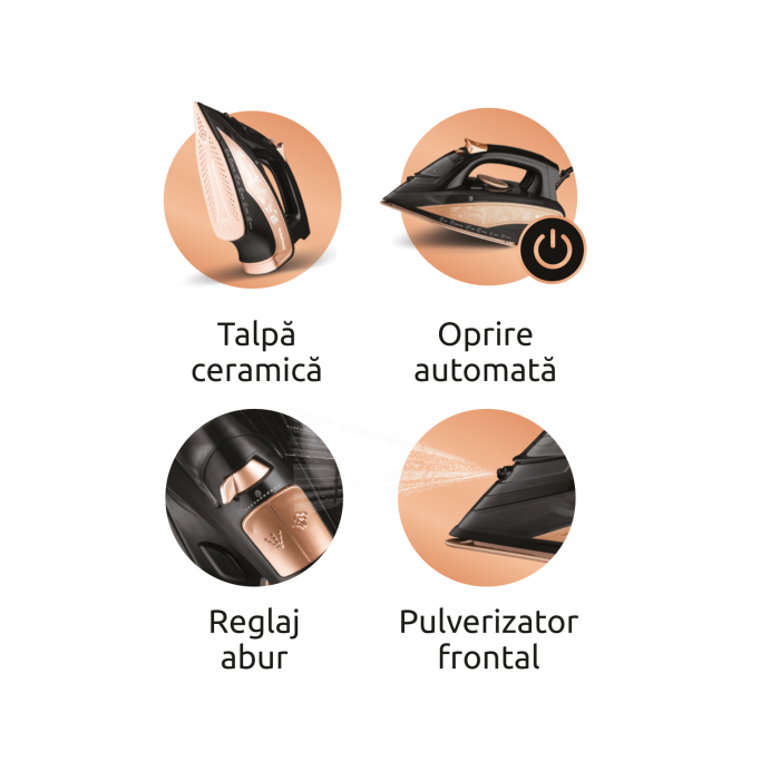 Fier de calcat Albatros ROSA,3000 W,rezervor 450 ml,Control variabil al aburilor 0-90 g/min,Jet suplimentar de abur 120 g/min,Negru/Auriu [4]