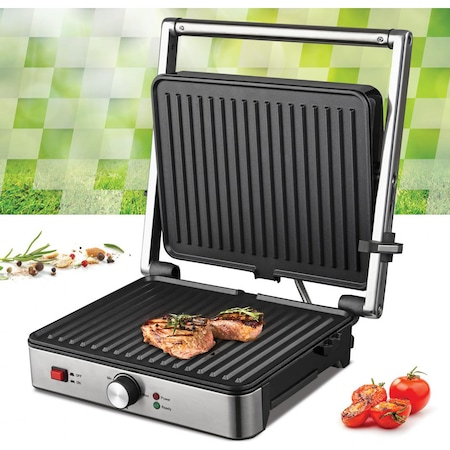 Gratar electric Heinner HEG-K2000SS, 2000W, Placi fixe cu invelis antiaderent, Dimensiuni placi: 30 X 24.9 cm, Temperatura reglabila, Maner rece, Deschidere 180˚, Indicatoare luminoase „ON” și „gata d [2]
