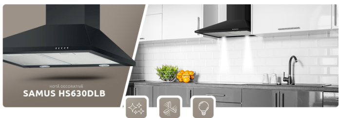 Hota decorativa Samus HS630DLB, 60 cm, 1 Motor, Putere absorbtie: 164 - 300 m3/h,3 Trepte de absorbtie, clasa C, negru [2]