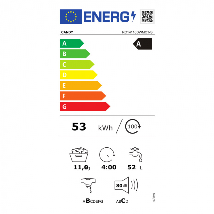 Masina de spalat rufe Candy Rapidâ€™O RO14116DWMCT/1-S, 11 kg, 1400 rpm, Motor Speed Drive Inverter, Wi-Fi/hOn app, Steam, Quick&Clean Technology, Clasa A,Alb [4]