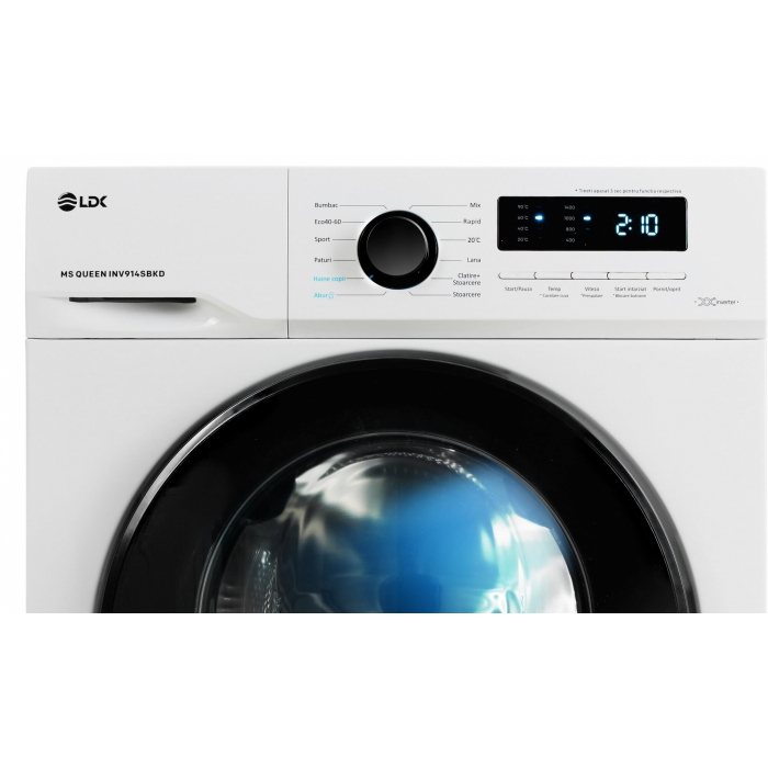 Masina de spalat rufe Ldk Queen INV914SBKD, Capacitate 9 Kg, 1400 rpm, Steam, Amanare pornire, DrumClean, Motor Inverter,Clasa A, Alb [2]