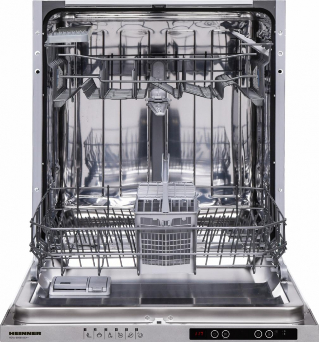 Masina de spalat vase incorporabila Heinner HDW-BI6614IE++, 14 seturi, 6 programe, Display LED, Aquastop, Pornire programata, 60 cm, Clasa E,inox [1]