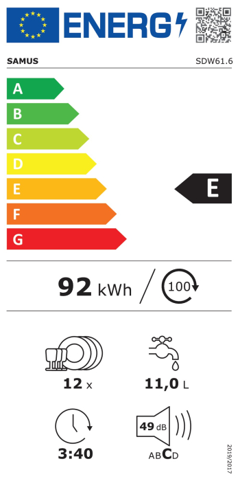 Masina de spalat vase Samus SDW46.6,Capacitate 9 seturi,Latime 45 cm,6 programe: Intensiv, Normal, Eco, Pahare, 90 min, Rapid,Cos inferior+cos superior+cos tacĂ˘muri,Clasa energetica E,Alb [2]