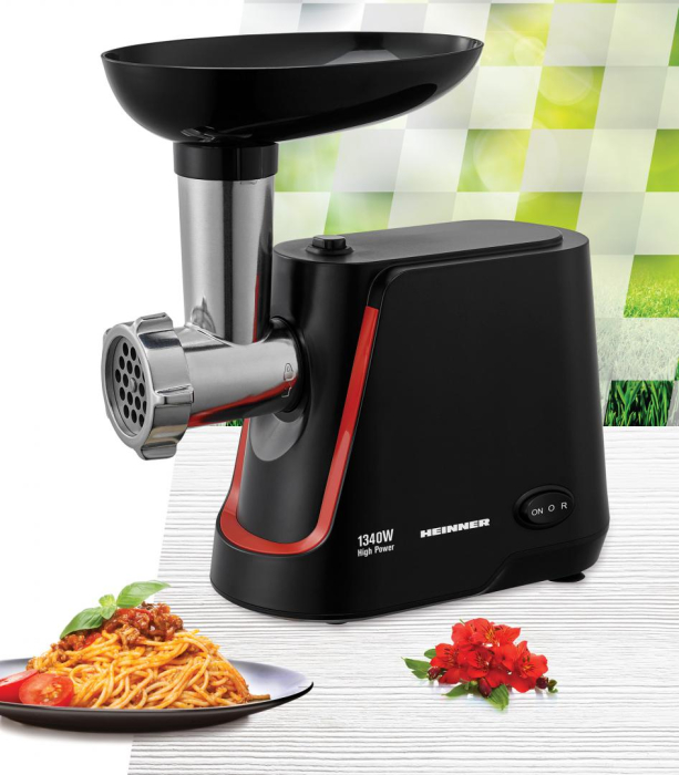 Masina de tocat Heinner MG-1250BK, 1340 W, 1.5 Kg/Min, 2 site, reverse, accesorii incluse, Negru [2]