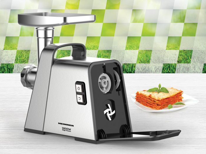 Masina de tocat Heinner HighPro 1800 MG-Y1800X, 1800W, functie reverse, 3 site de taiere,Accesoriu de rosii si carnati, Argintiu [4]