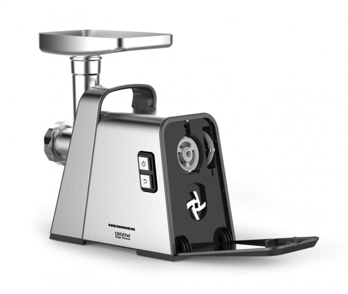 Masina de tocat Heinner HighPro 1800 MG-Y1800X, 1800W, functie reverse, 3 site de taiere,Accesoriu de rosii si carnati, Argintiu [2]