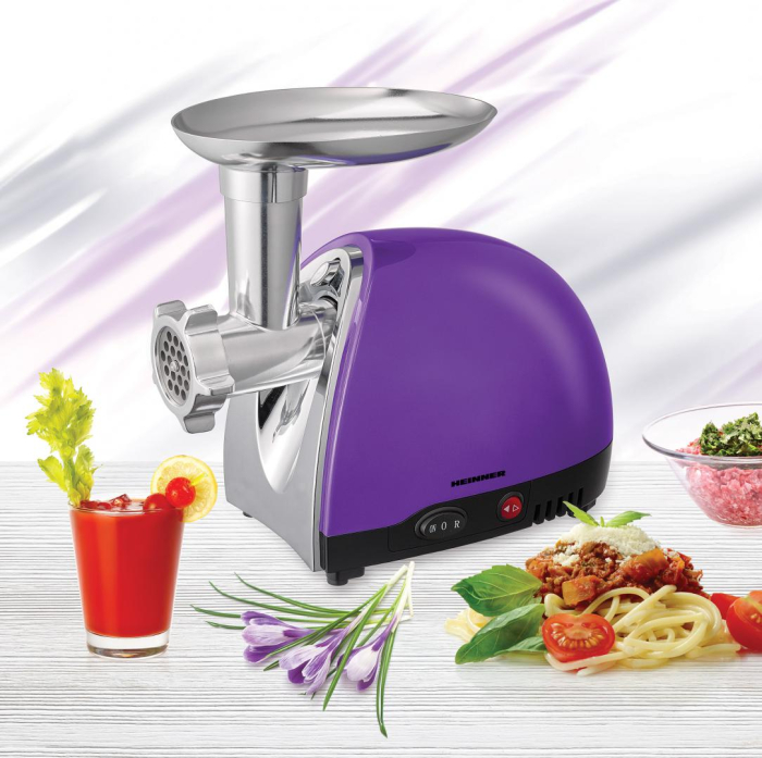 Masina de tocat Heinner MG1600TA-UV, 1600 W, Accesoriu rosii si carnati, 3 site de taiere, cutit inox, Violet [3]