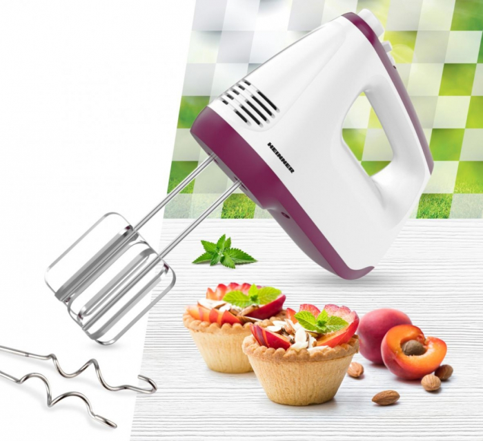 Mixer de mana Heinner HM-400BG, putere: 400w, 2 teluri si 2 carlige din inox, 6 viteze + turbo, self stand, alb/burgundy [2]