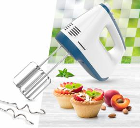 MIXER DE MANA HEINNER HM-400BL, PUTERE: 400W, 2 TELURI SI 2 CARLIGE DIN INOX, 6 VITEZE + TURBO, SELF STAND, ALB + ALBASTRU [1]