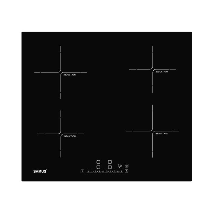 Plita incorporabila Samus PSI-64BG7,cu inductie, Putere totala 7000 W,4 zone de gatit,Setari putere in 9 trepte,Panou Touch Control,Timer digital 99 min,Functia impuls,Neagra [1]