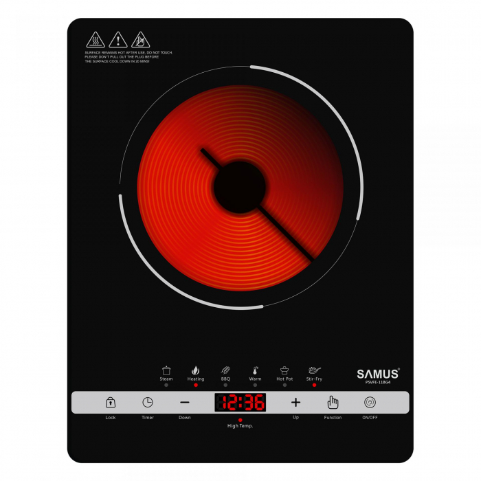 Plita electrica vitroceramica Samus PSVFE-11BG4, 2000 W, 1 arzator, 10 nivele de putere, 6 functii de gatit, timer, protectie la supraincalzire, blocare acces copii, Neagra [1]