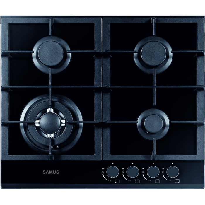 Plita incorporabila Samus PSG-64SG1,4 arzatoare pe gaz,1 Arzator WOK,Gratare din fonta ,Panou de control frontal,Sisteme de siguranta la arzatoare,Aprindere electrica ,Sticla neagra [1]