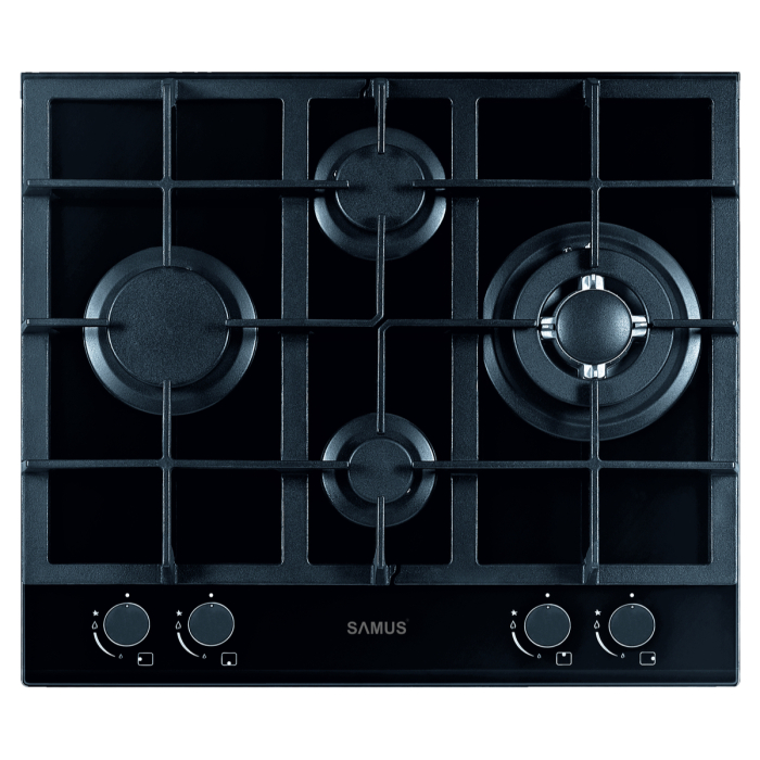 Plita incorporabila Samus PSG-64SG2,4 arzatoare pe gaz,1 Arzator WOK,Gratare din fonta ,Panou de control frontal,Sisteme de siguranta la arzatoare,Aprindere electrica ,Sticla neagra [1]