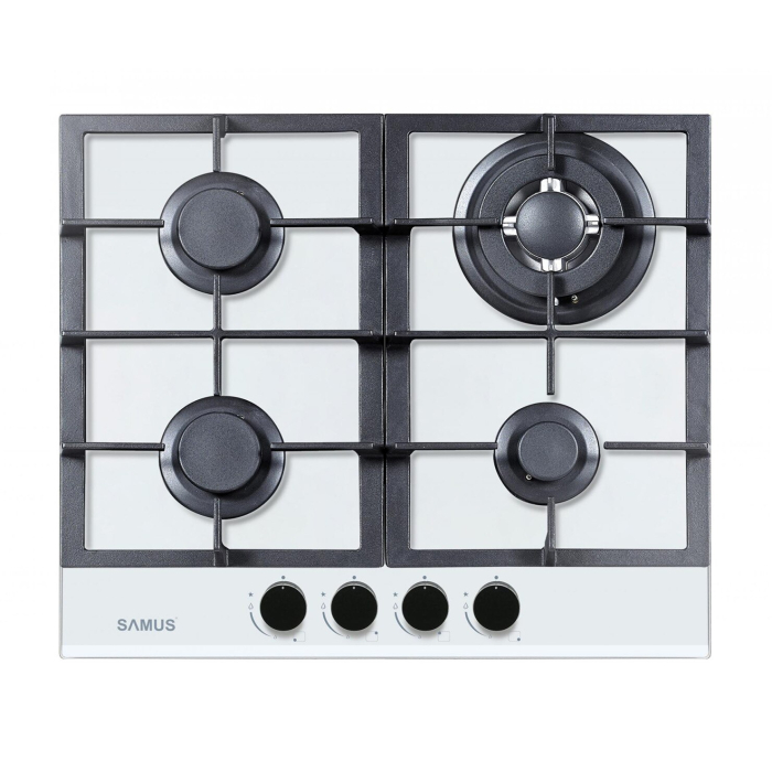 Plita incorporabila Samus PSG-64SG3 White,4 arzatoare pe gaz,Gratare din fonta ,Panou de control frontal,Sisteme de siguranta la arzatoare,Aprindere electrica ,Sticla alba [1]