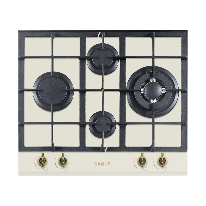 Plita incorporabila Samus PSG-64VG1,4 arzatoare pe gaz,Gratare din fonta ,Panou de control frontal,Sisteme de siguranta la arzatoare,Aprindere electrica ,Sticla bej [1]